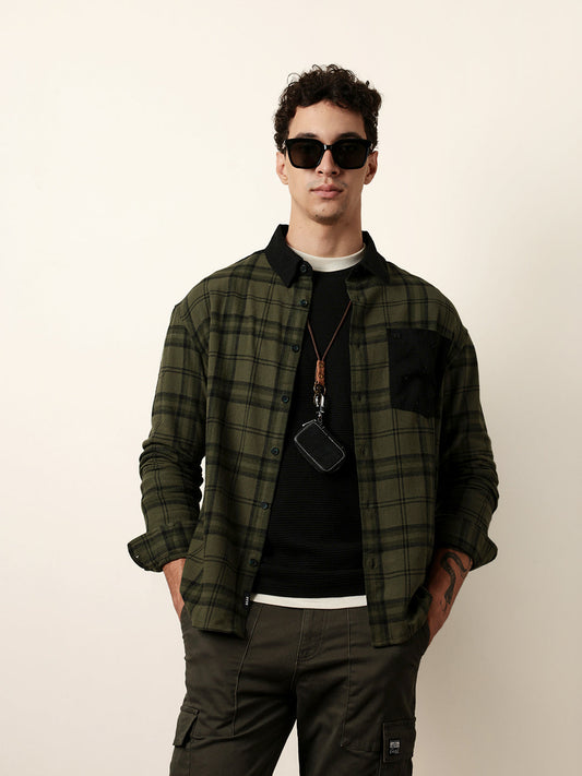 Olive Checked Relaxed Fit Overshirt with Solid Back