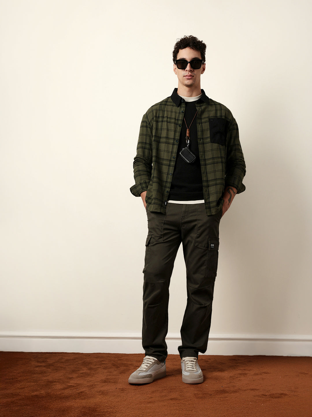 Olive Checked Relaxed Fit Overshirt with Solid Back