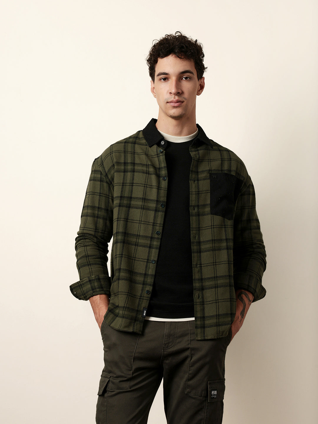 Olive Checked Relaxed Fit Overshirt with Solid Back