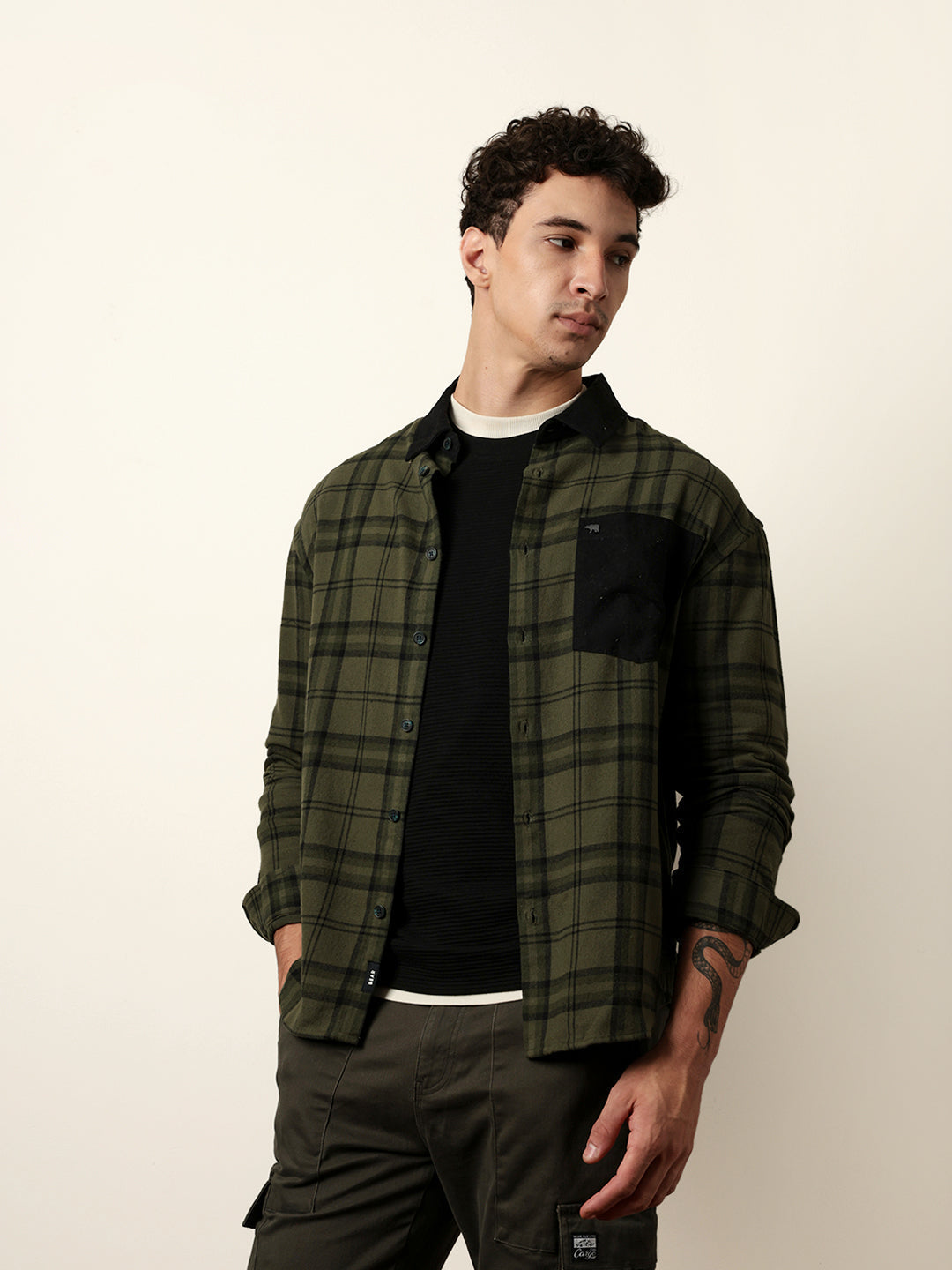Olive Checked Relaxed Fit Overshirt with Solid Back