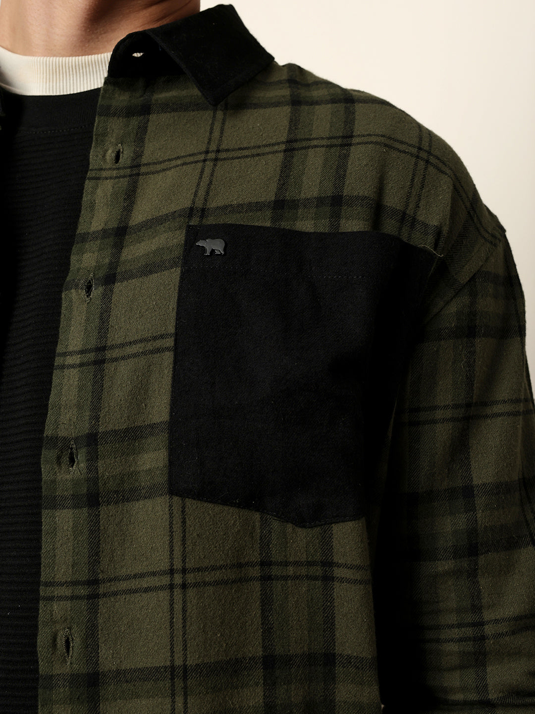 Olive Checked Relaxed Fit Overshirt with Solid Back