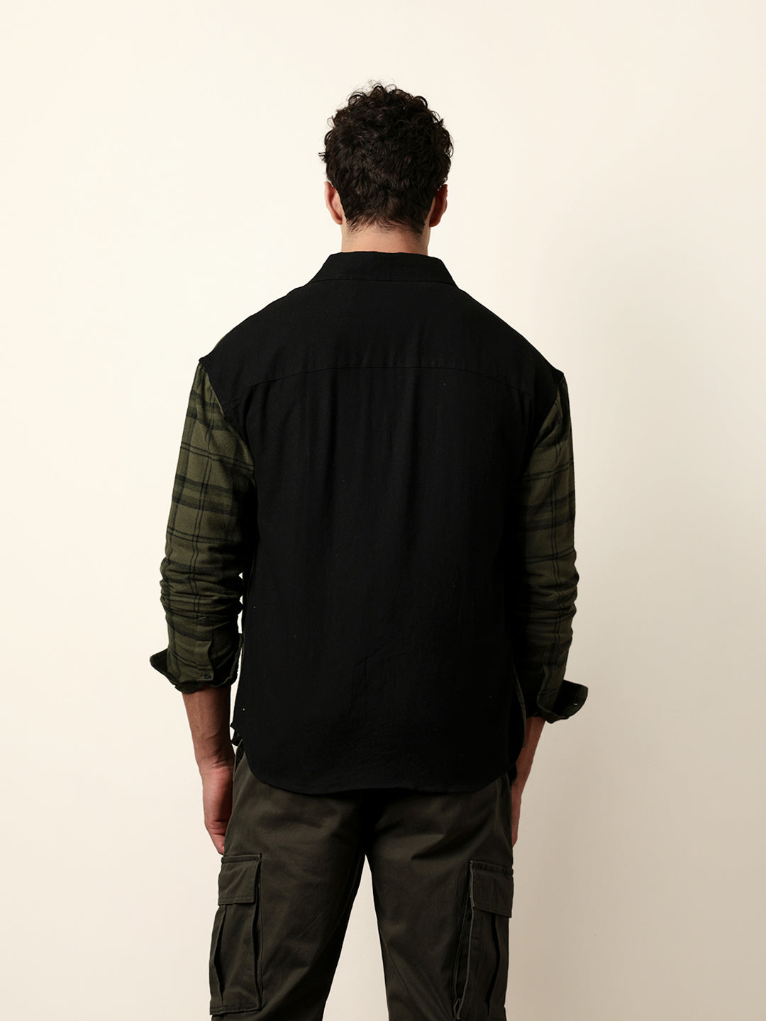 Olive Checked Relaxed Fit Overshirt with Solid Back