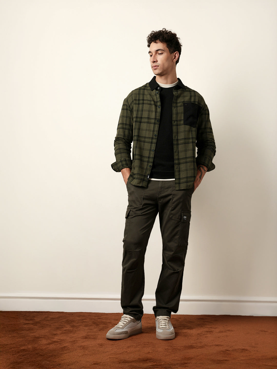 Olive Checked Relaxed Fit Overshirt with Solid Back
