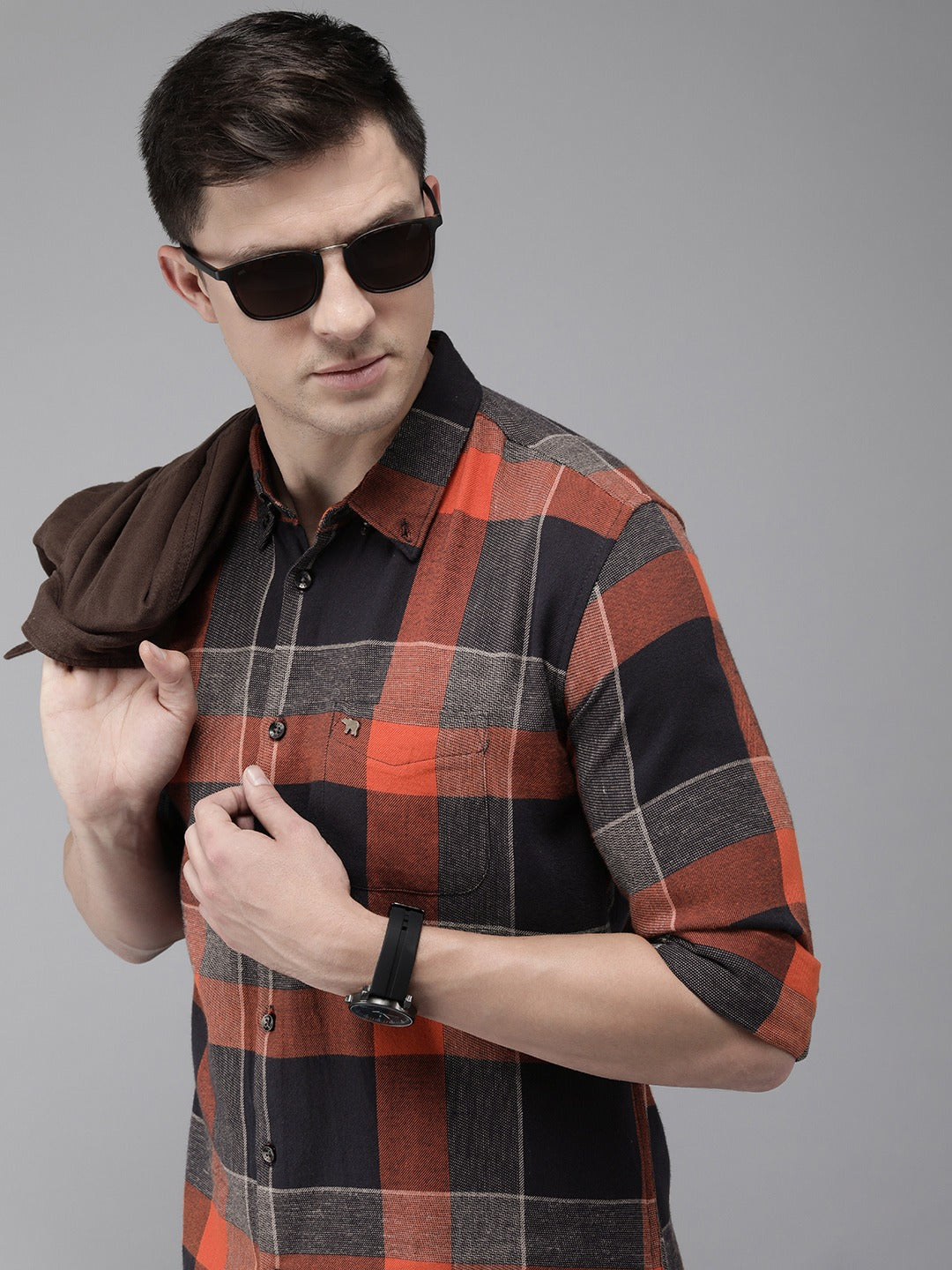 Men Orange & Navy Blue Buffalo Checked Slim Fit Pure Cotton Casual Shirt