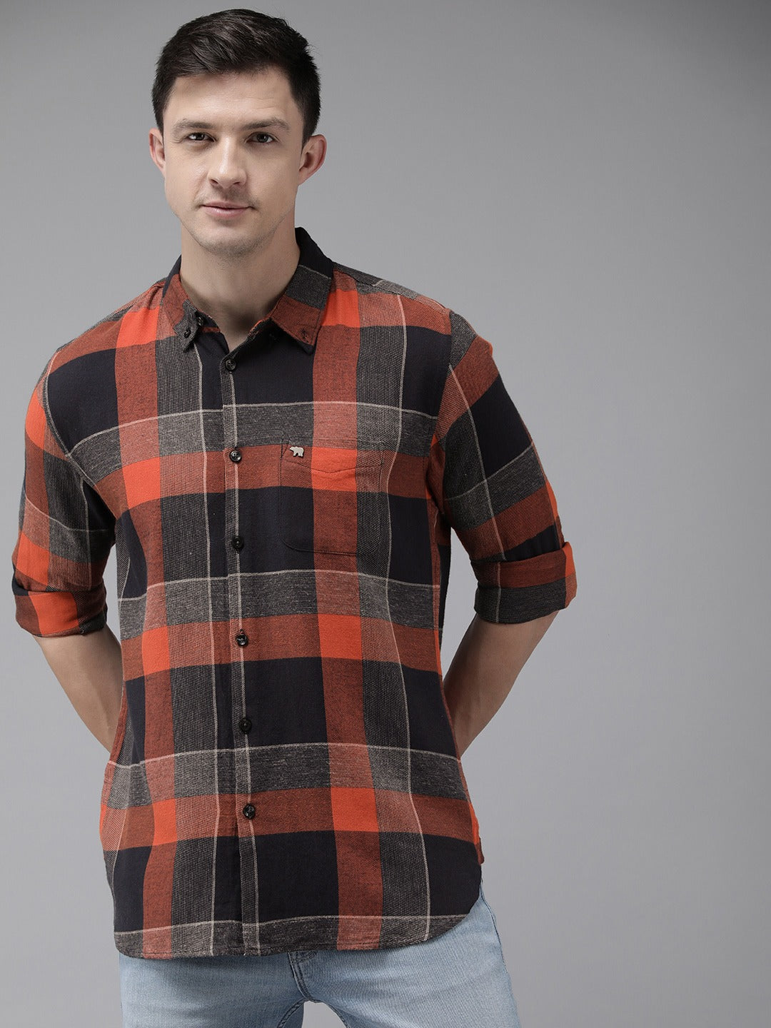 Men Orange & Navy Blue Buffalo Checked Slim Fit Pure Cotton Casual Shirt