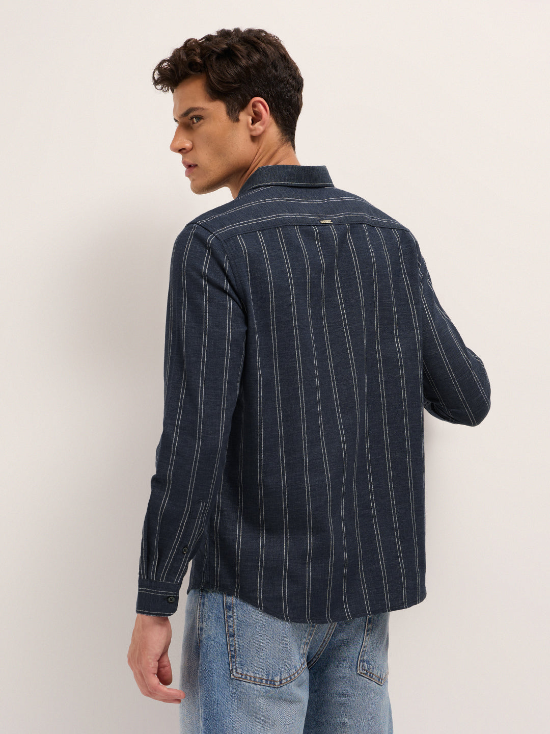 Dark Blue Vertical Stripes Slim Fit Casual Shirt