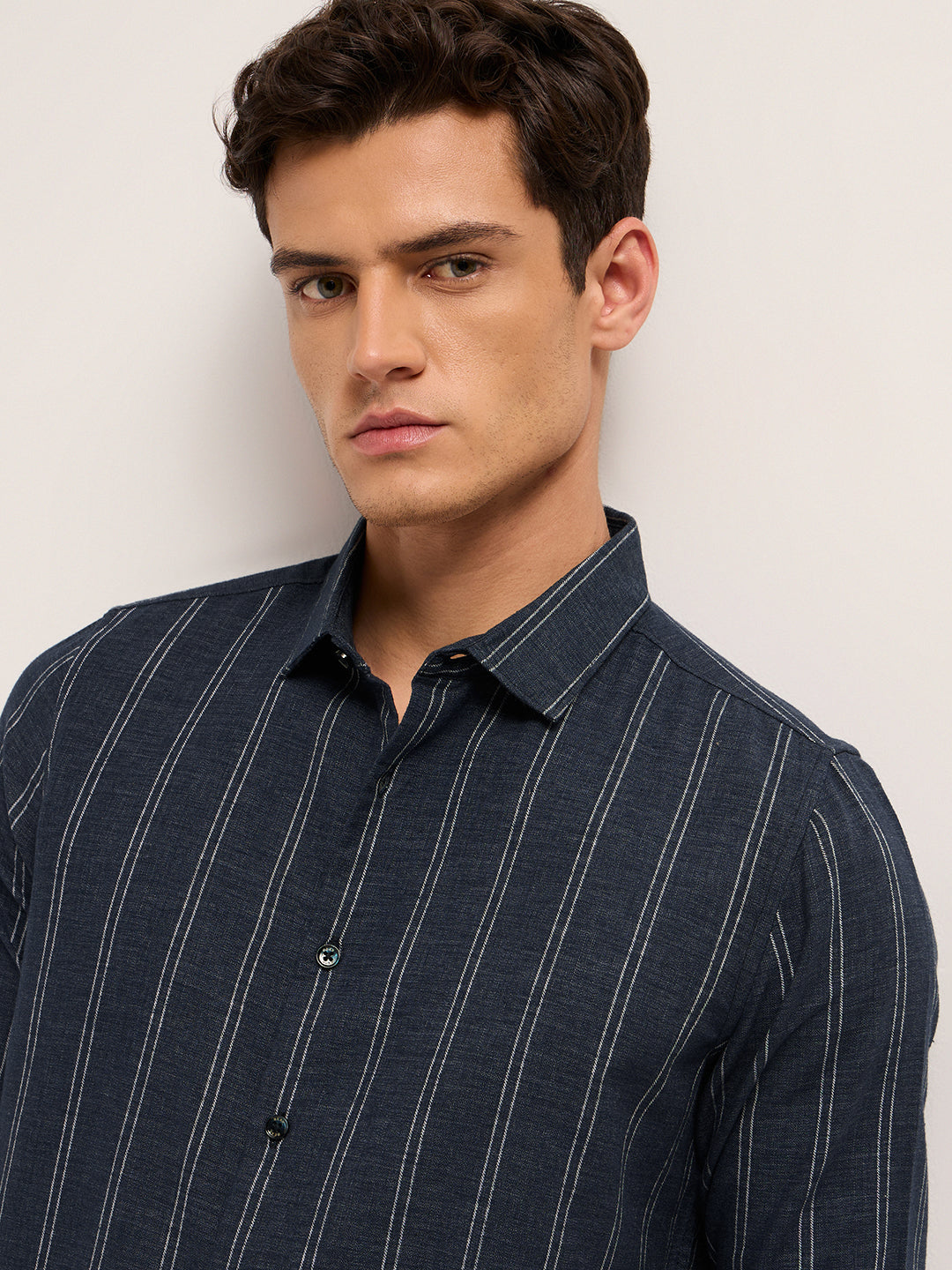 Dark Blue Vertical Stripes Slim Fit Casual Shirt