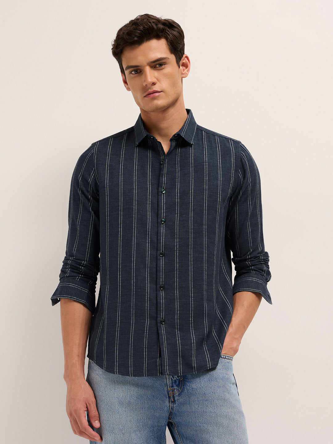Dark Blue Vertical Stripes Slim Fit Casual Shirt