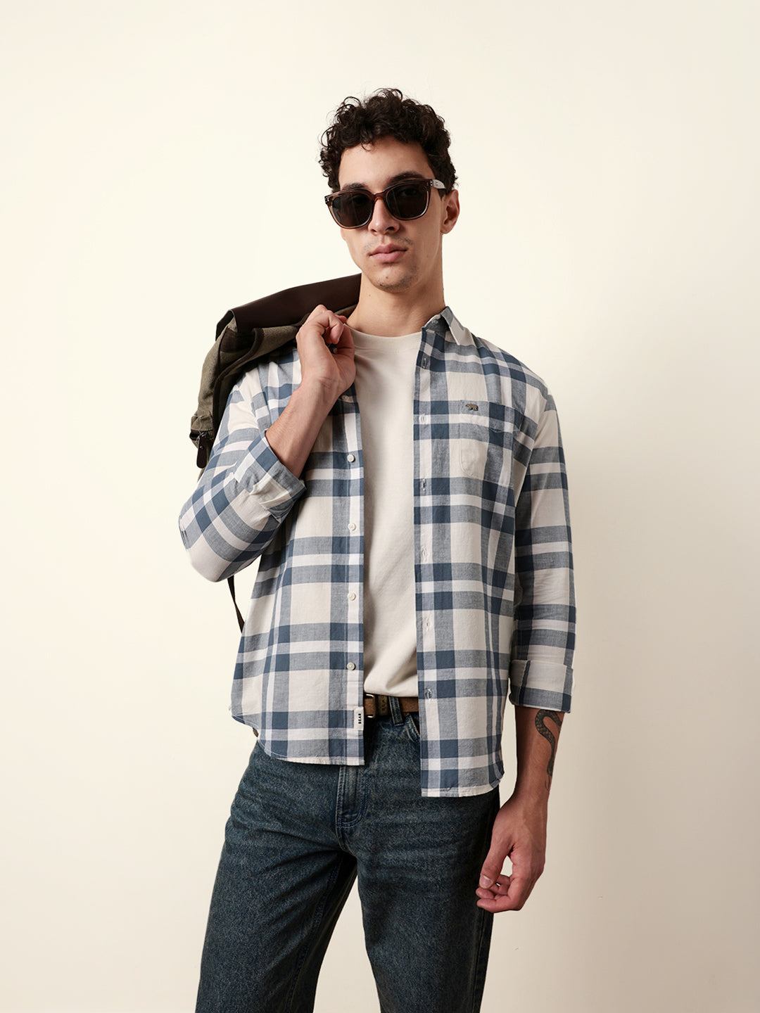 Off white Blue Pink Woven Tartan Checked Slim Fit Casual Shirt