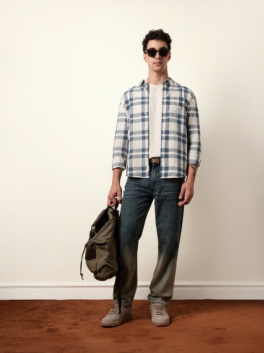 Off white Blue Pink Woven Tartan Checked Slim Fit Casual Shirt