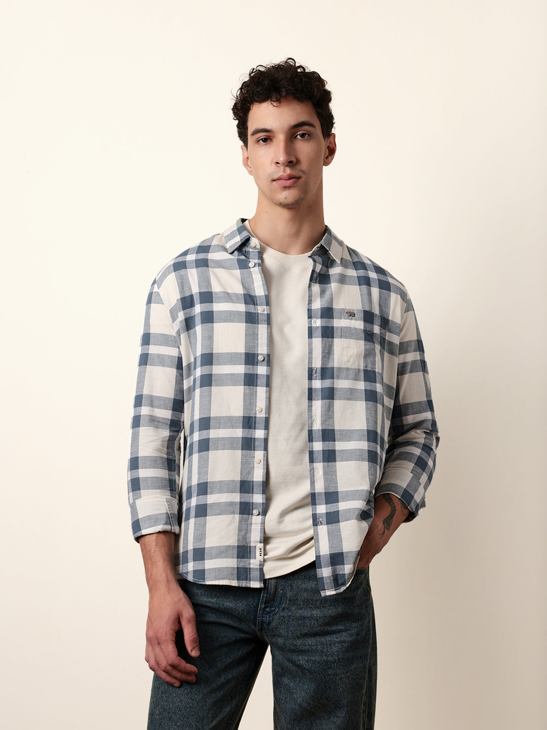 Off white Blue Pink Woven Tartan Checked Slim Fit Casual Shirt