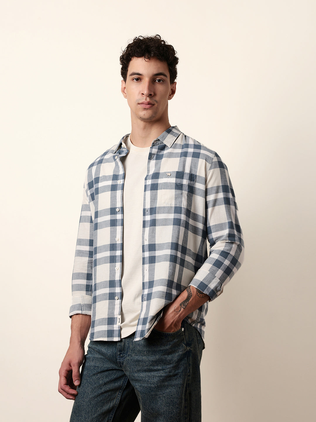 Off white Blue Pink Woven Tartan Checked Slim Fit Casual Shirt