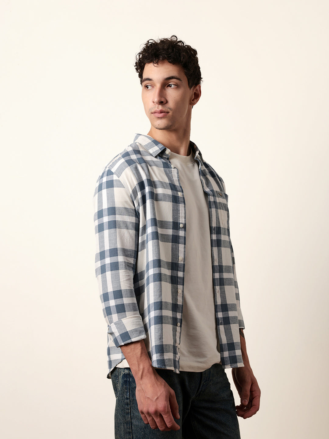 Off white Blue Pink Woven Tartan Checked Slim Fit Casual Shirt
