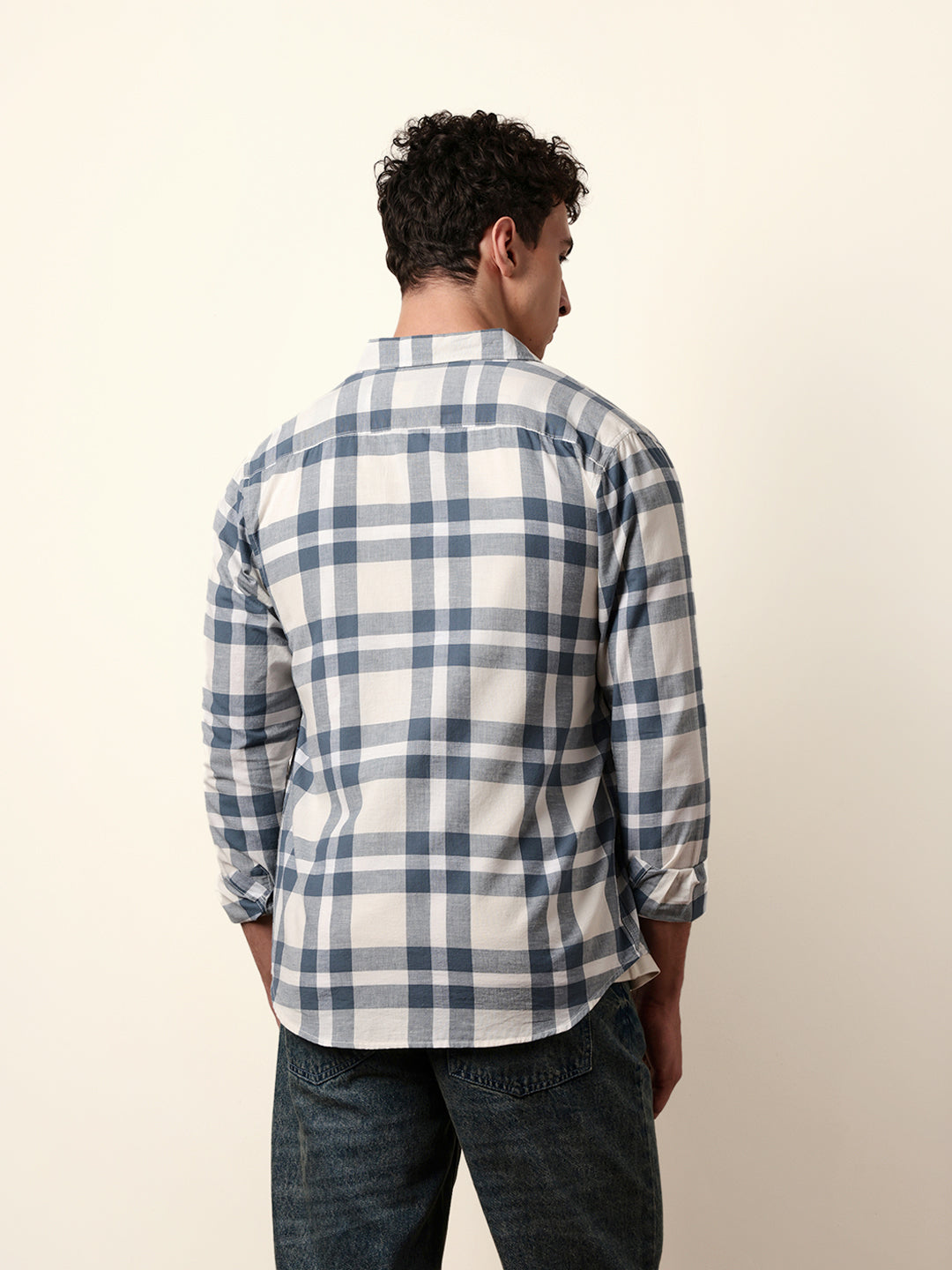 Off white Blue Pink Woven Tartan Checked Slim Fit Casual Shirt