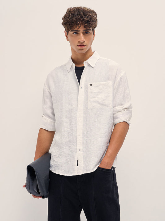 White Crinkled Stripe Textured Relaxed Fit Long Sleeve Shirt