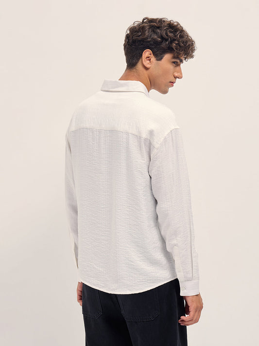 White Crinkled Stripe Textured Relaxed Fit Long Sleeve Shirt