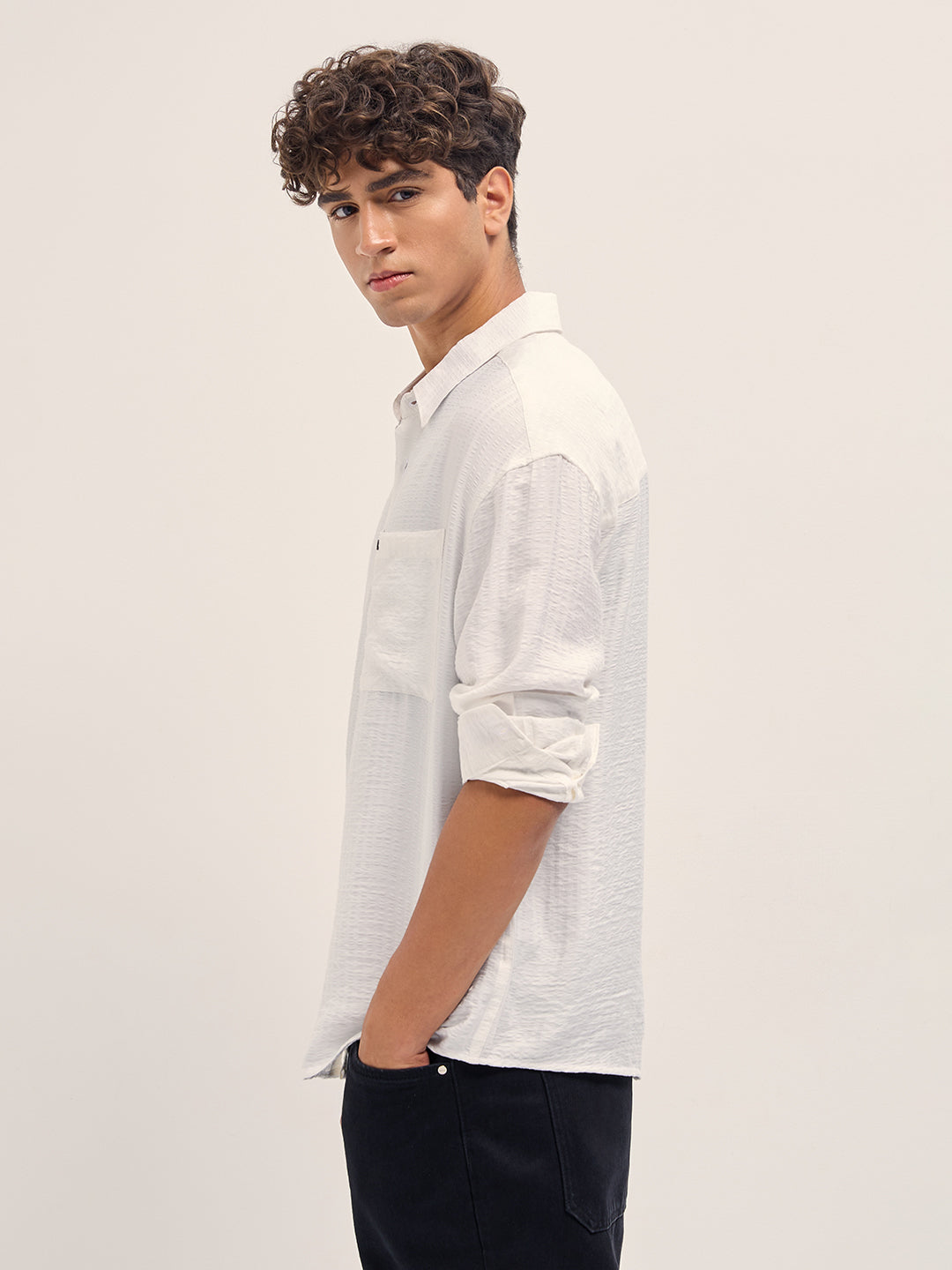 White Crinkled Stripe Textured Relaxed Fit Long Sleeve Shirt