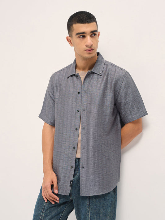 Grey Crinkled Textured Regular Fit Half-Sleeve Casual Shirt