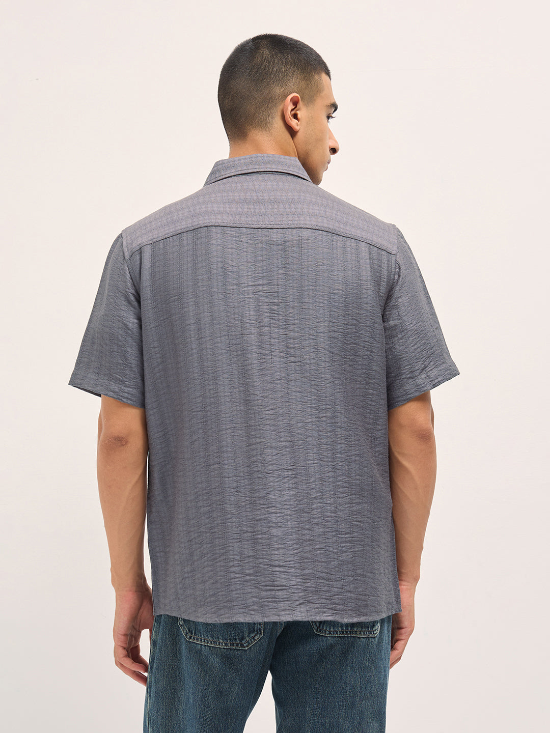 Grey Crinkled Textured Regular Fit Half-Sleeve Casual Shirt