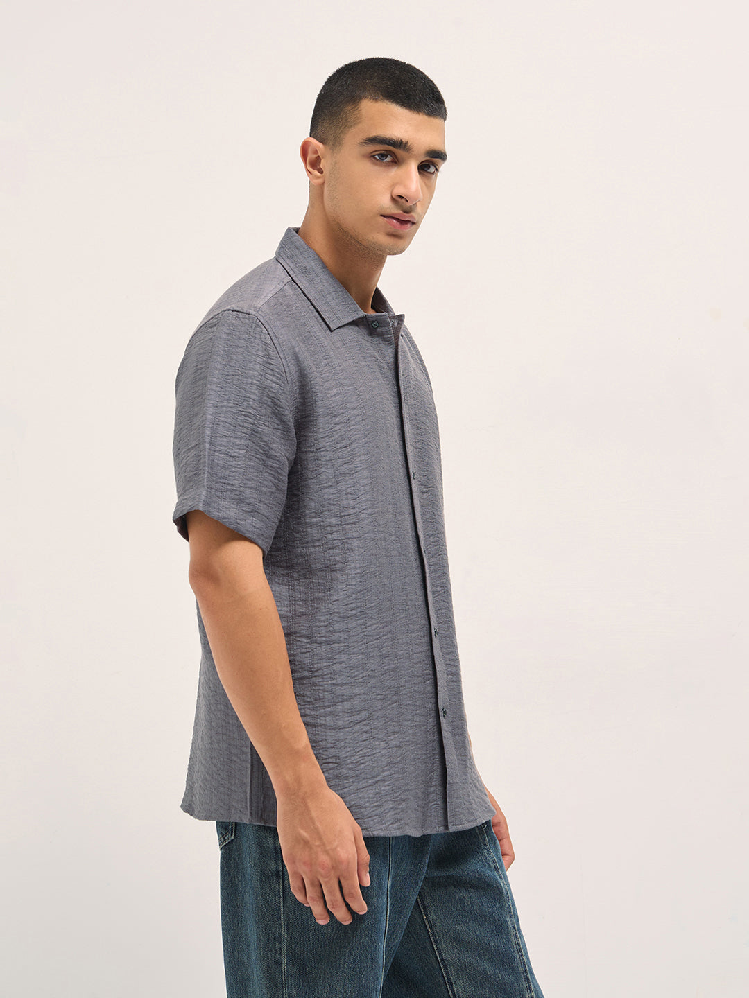 Grey Crinkled Textured Regular Fit Half-Sleeve Casual Shirt