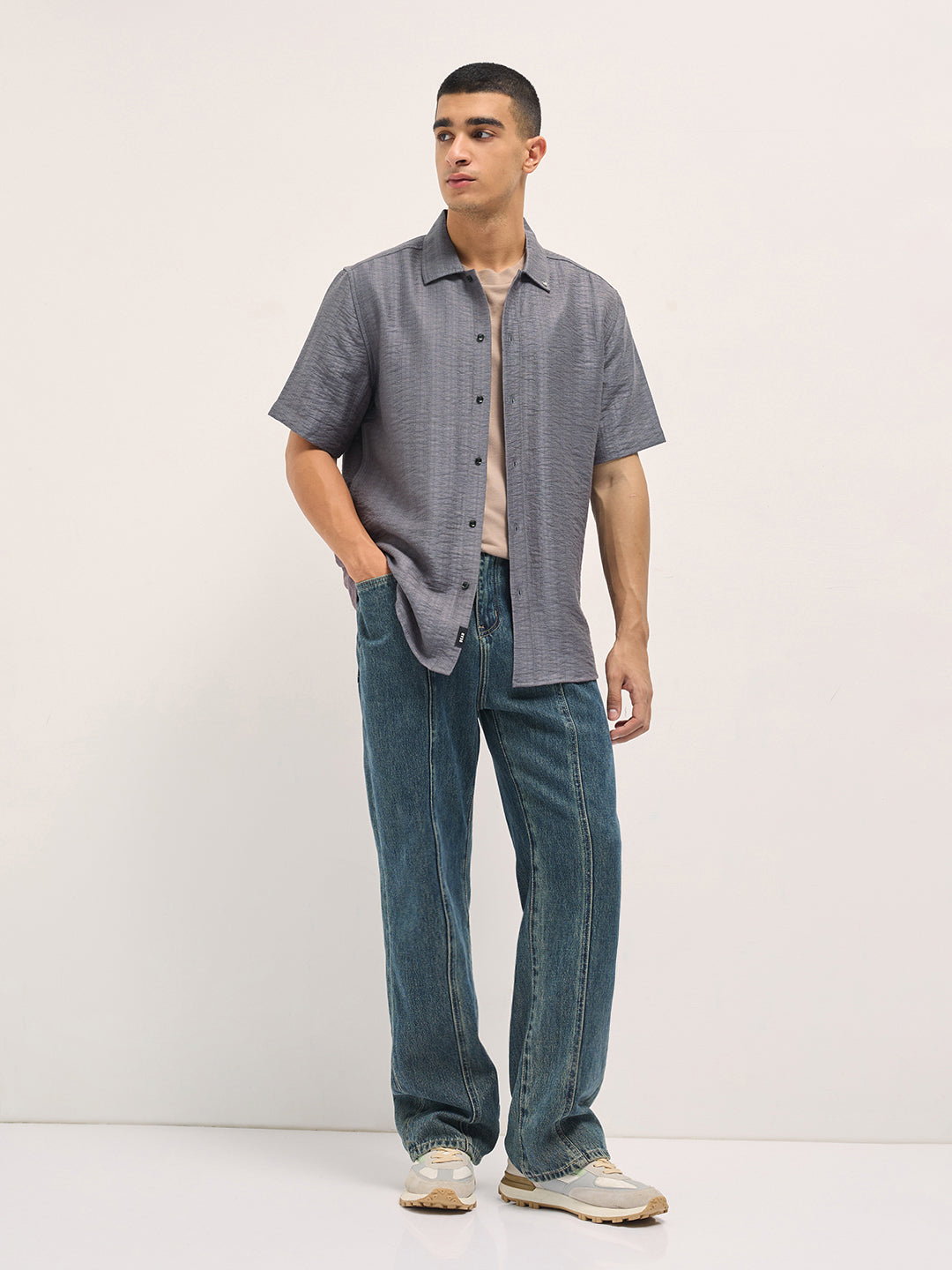Grey Crinkled Textured Regular Fit Half-Sleeve Casual Shirt
