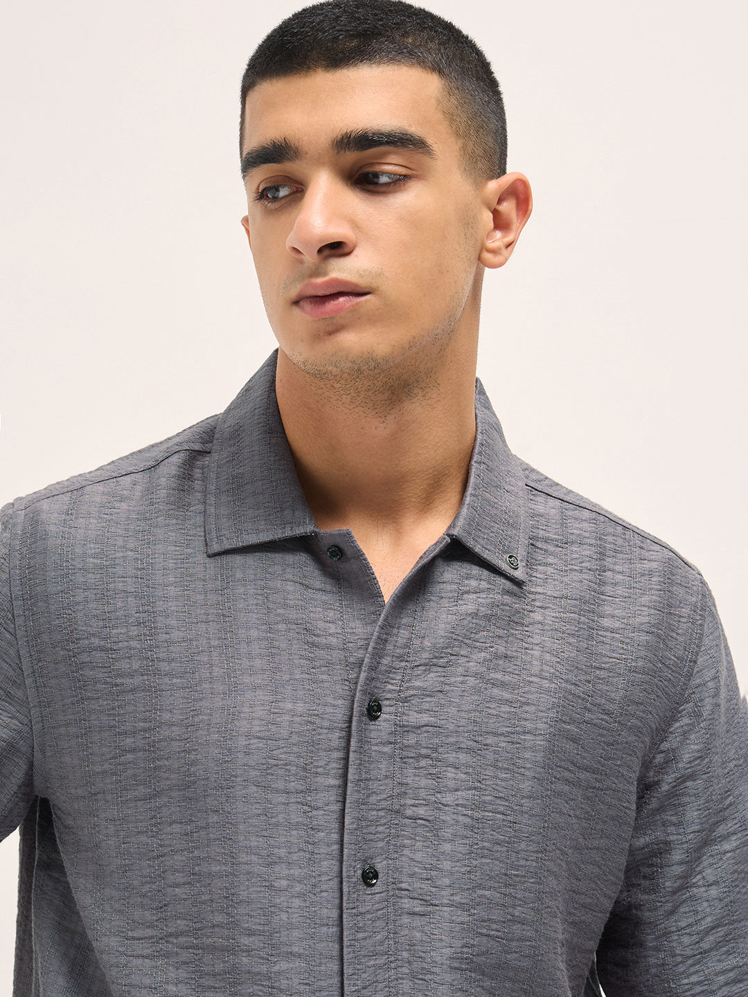 Grey Crinkled Textured Regular Fit Half-Sleeve Casual Shirt