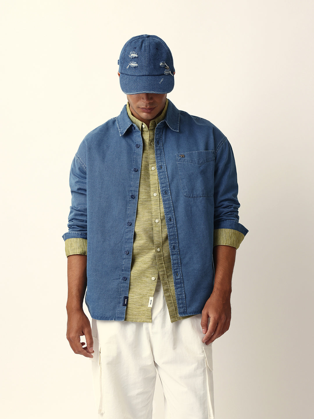 Blue Solid Denim Relaxed Fit Overshirt