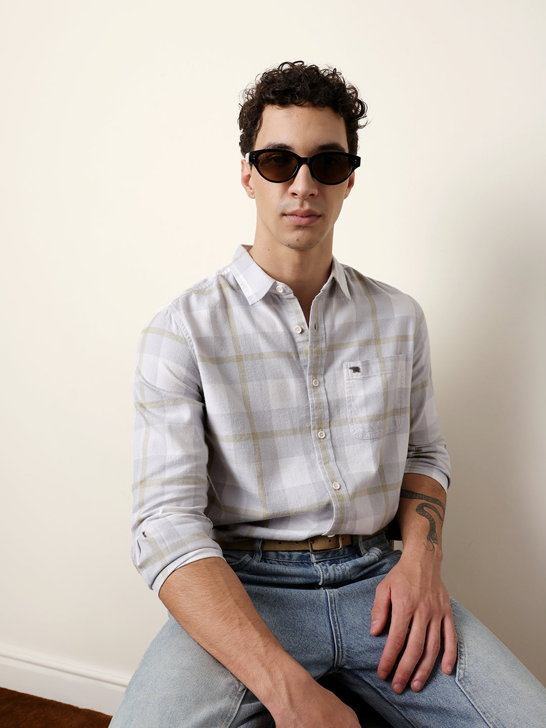 Grey & White Checked Flannel Regular Fit Casual Shirt