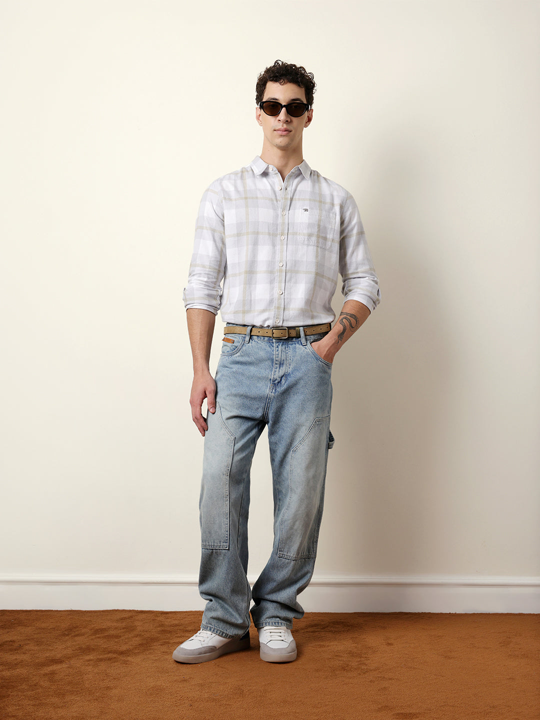 Grey & White Checked Flannel Regular Fit Casual Shirt