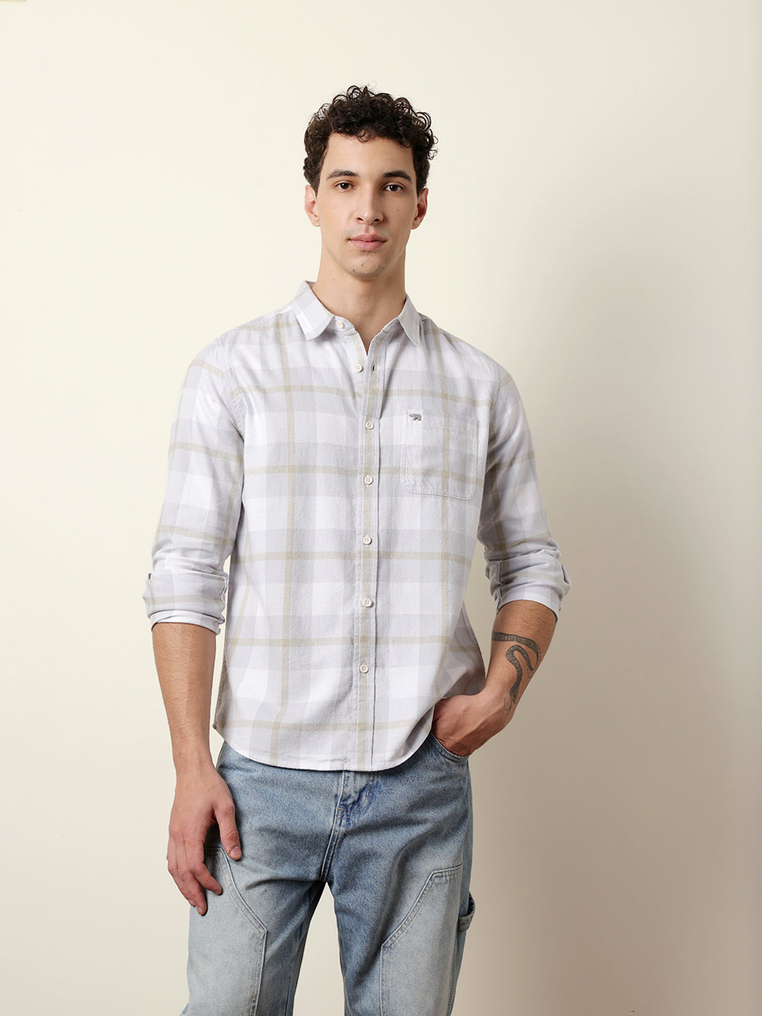Grey & White Checked Flannel Regular Fit Casual Shirt