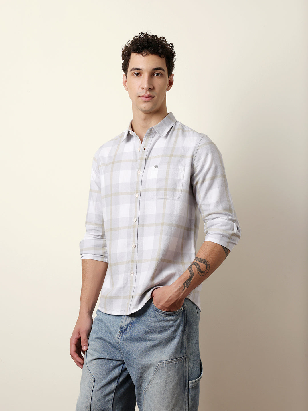 Grey & White Checked Flannel Regular Fit Casual Shirt