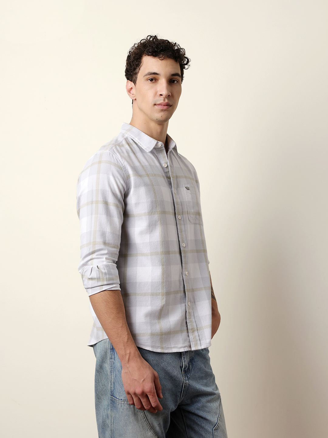 Grey & White Checked Flannel Regular Fit Casual Shirt