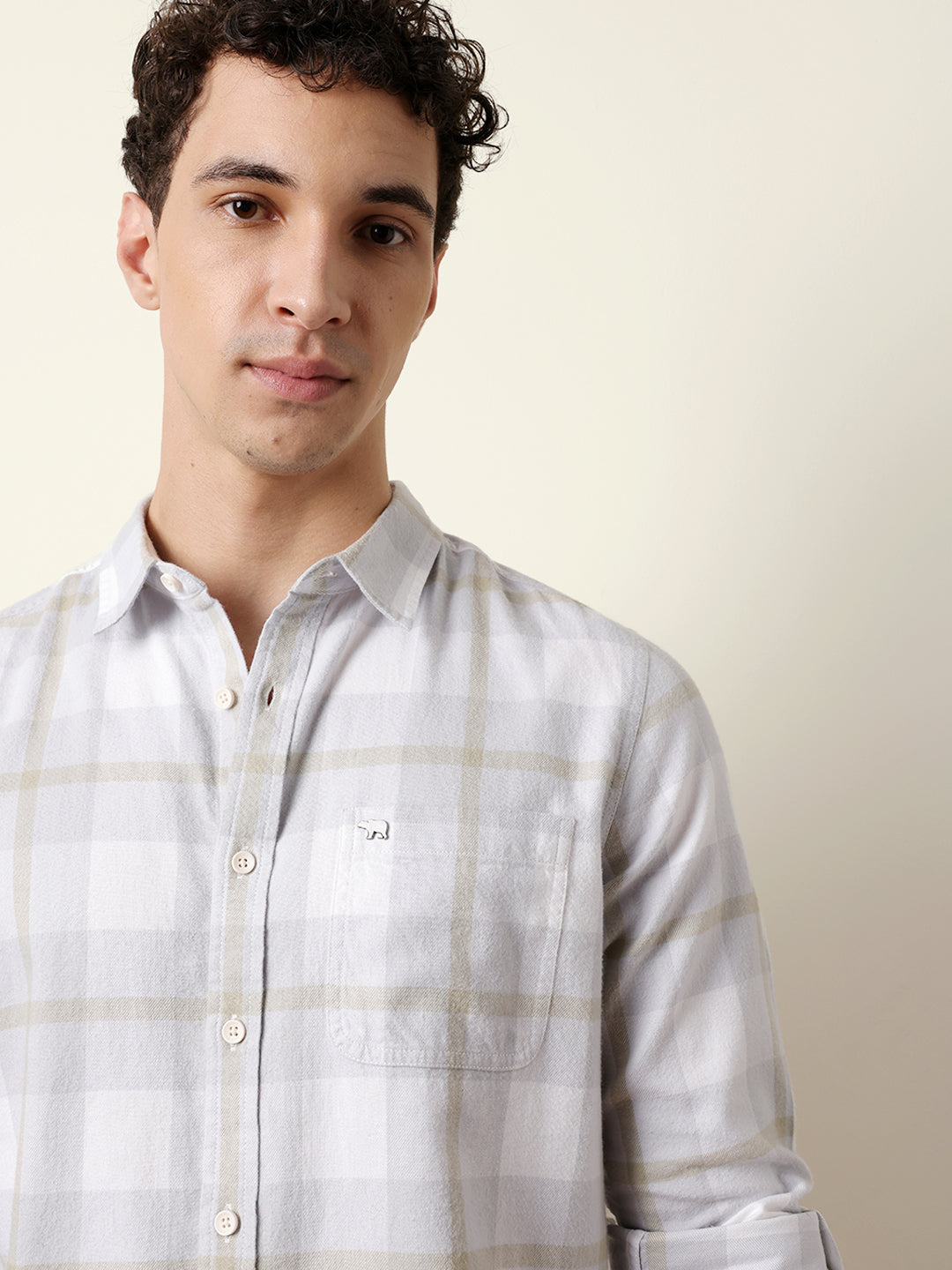 Grey & White Checked Flannel Regular Fit Casual Shirt