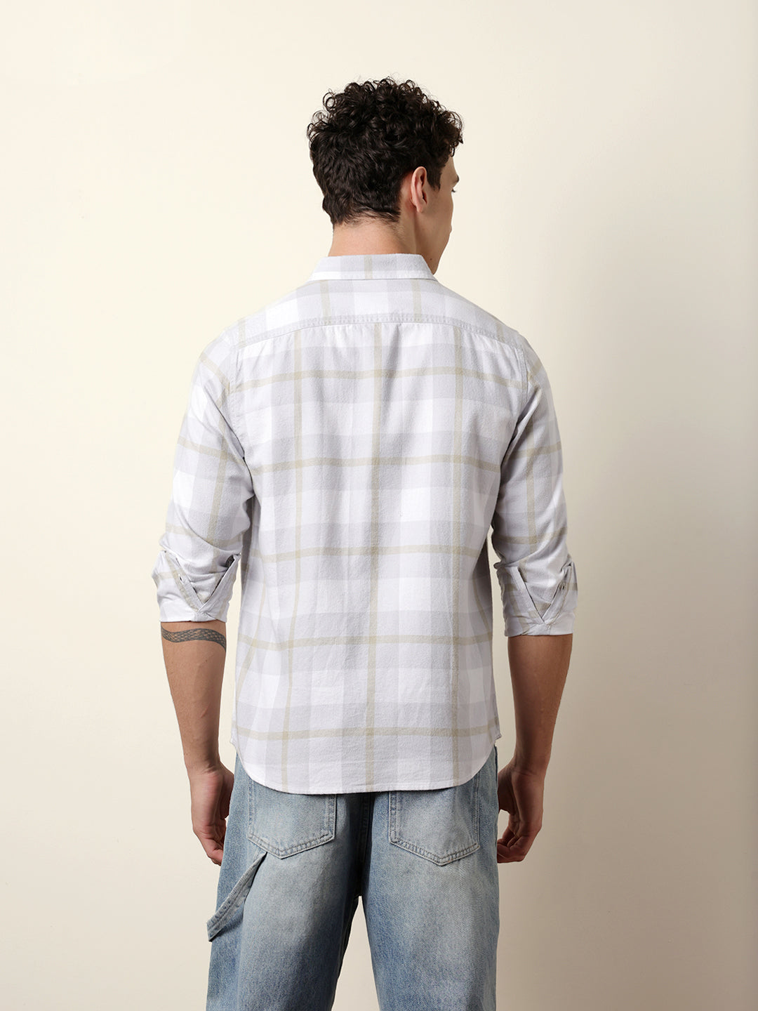Grey & White Checked Flannel Regular Fit Casual Shirt