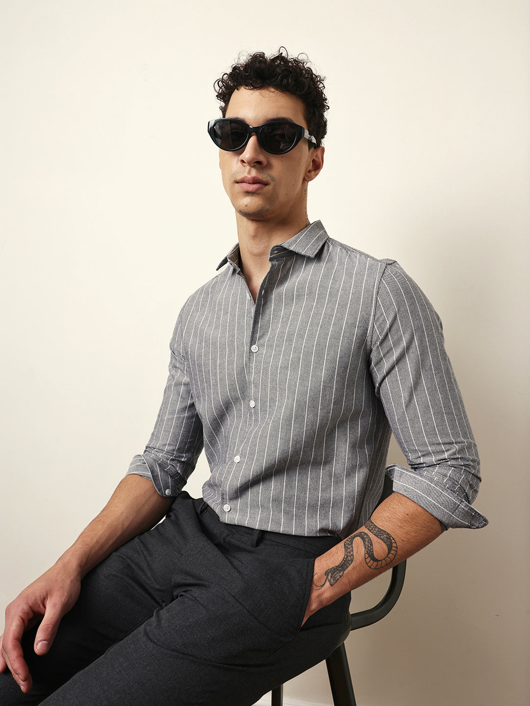 Grey Vertical Woven Stripe Slim Fit Casual Shirt