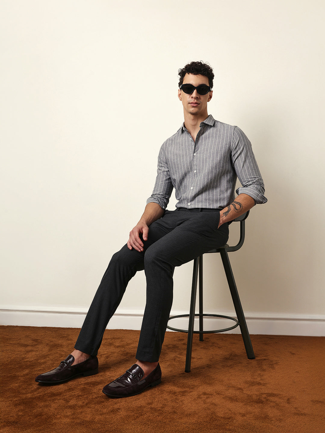 Grey Vertical Woven Stripe Slim Fit Casual Shirt