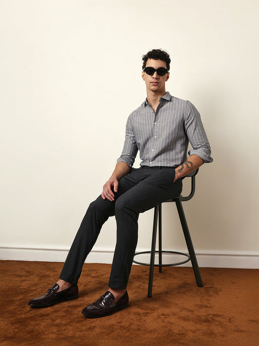Grey Vertical Woven Stripe Slim Fit Casual Shirt