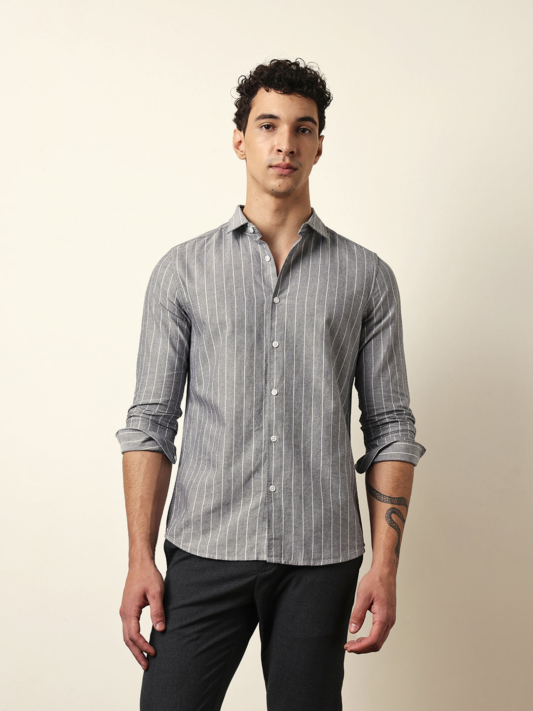Grey Vertical Woven Stripe Slim Fit Casual Shirt
