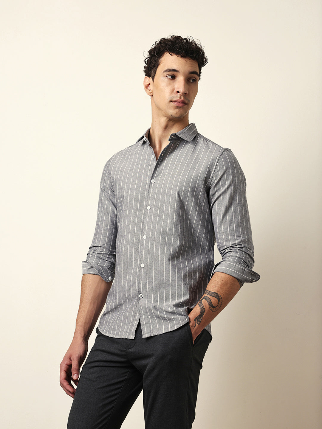 Grey Vertical Woven Stripe Slim Fit Casual Shirt