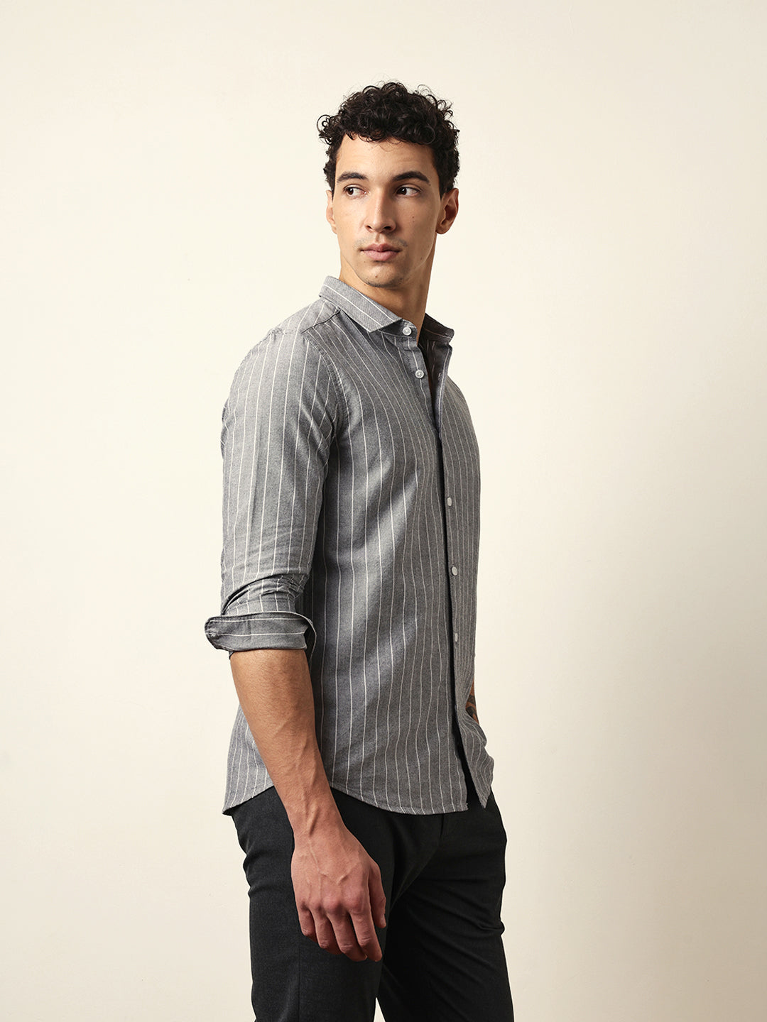 Grey Vertical Woven Stripe Slim Fit Casual Shirt