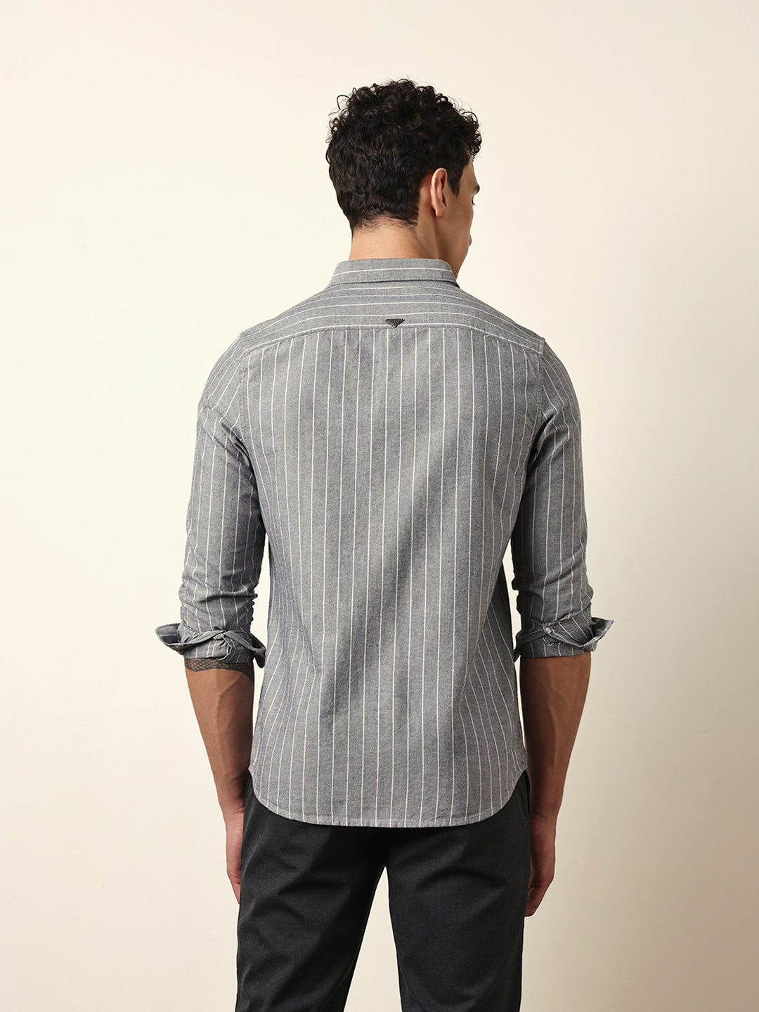 Grey Vertical Woven Stripe Slim Fit Casual Shirt