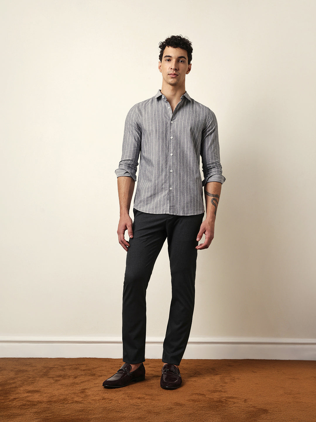 Grey Vertical Woven Stripe Slim Fit Casual Shirt
