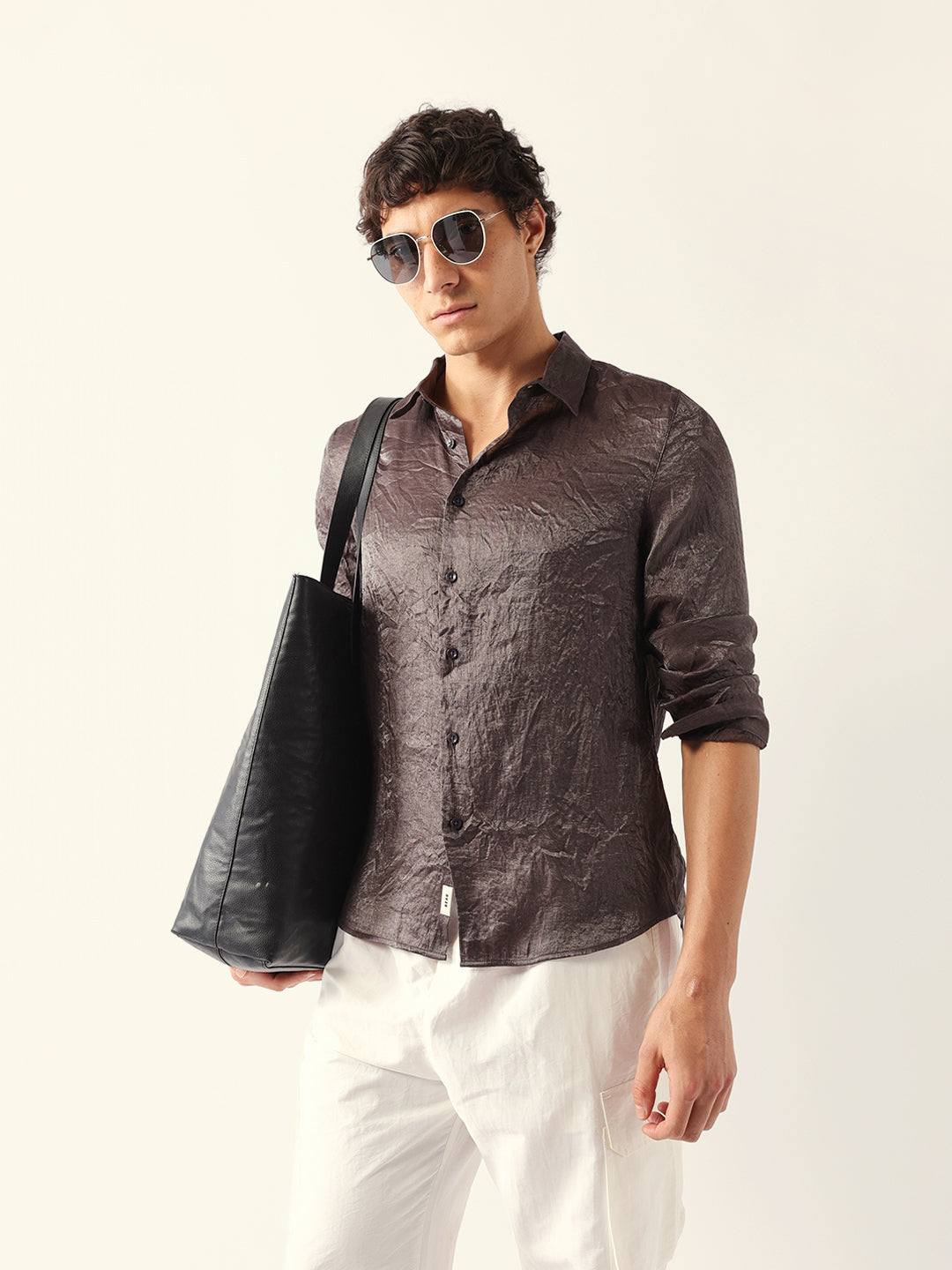 Grey Regular Fit Casual Shirt with Crinkle Effect & Subtle Sheen Finish
