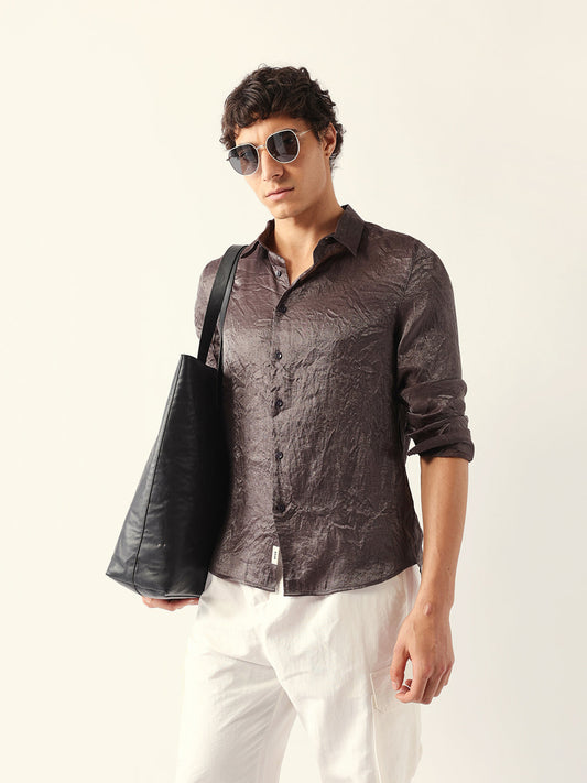 Grey Regular Fit Casual Shirt with Crinkle Effect & Subtle Sheen Finish