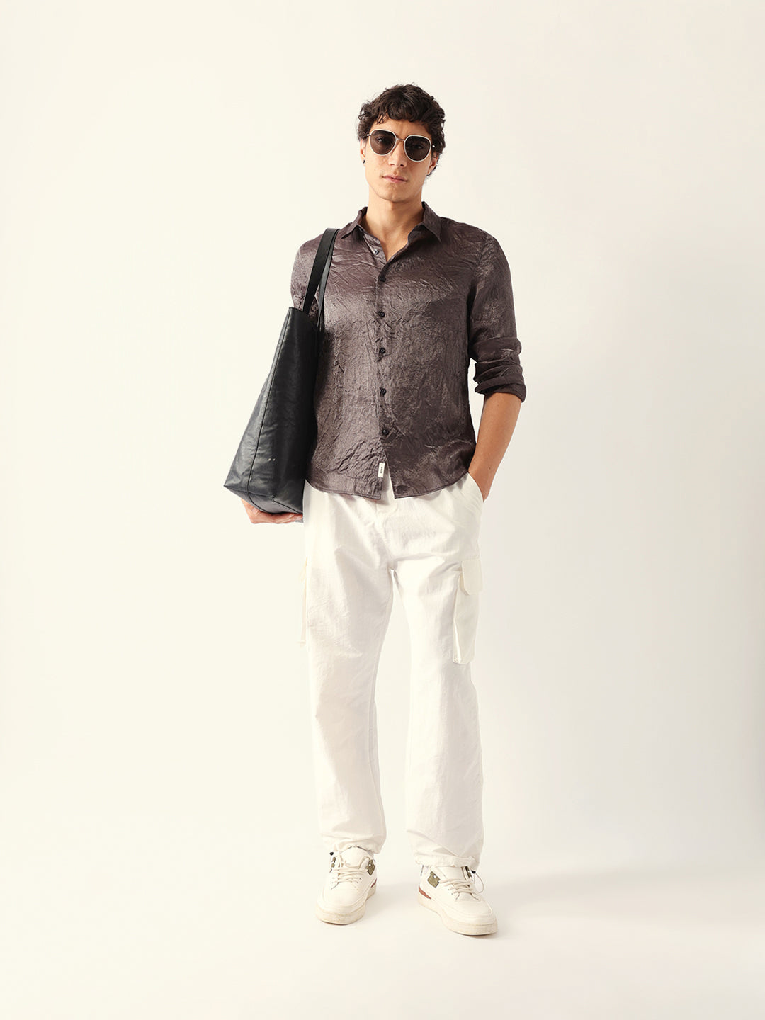 Grey Regular Fit Casual Shirt with Crinkle Effect & Subtle Sheen Finish
