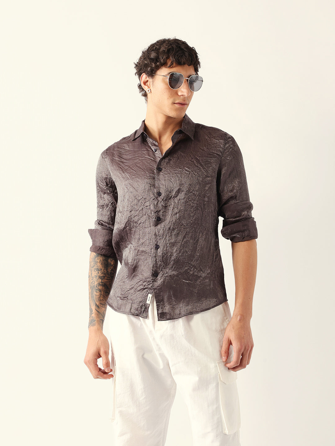 Grey Regular Fit Casual Shirt with Crinkle Effect & Subtle Sheen Finish