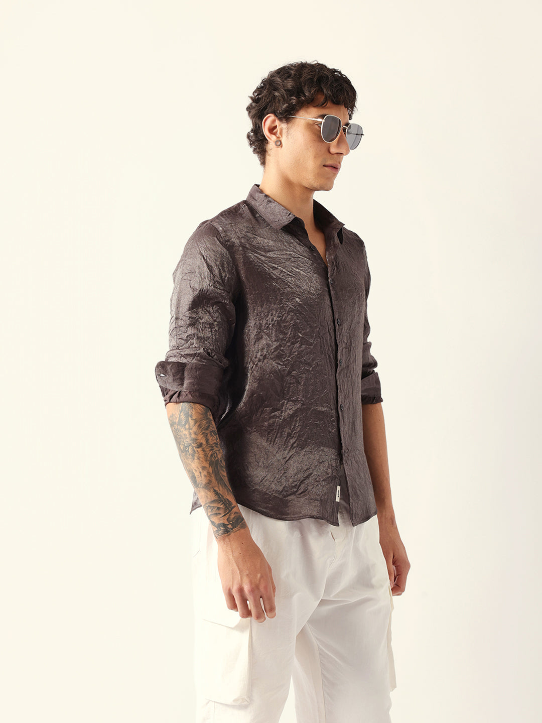Grey Regular Fit Casual Shirt with Crinkle Effect & Subtle Sheen Finish