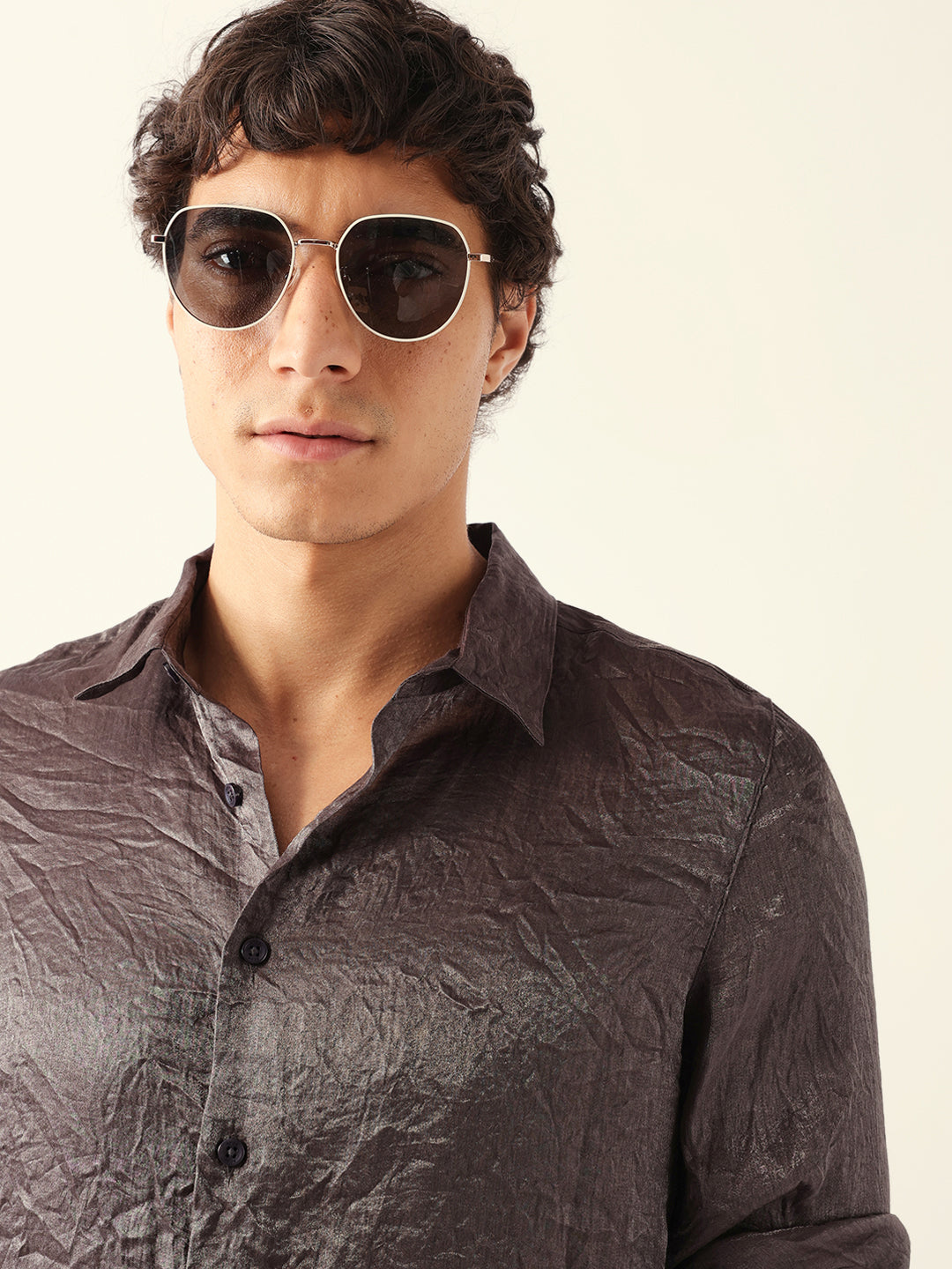 Grey Regular Fit Casual Shirt with Crinkle Effect & Subtle Sheen Finish