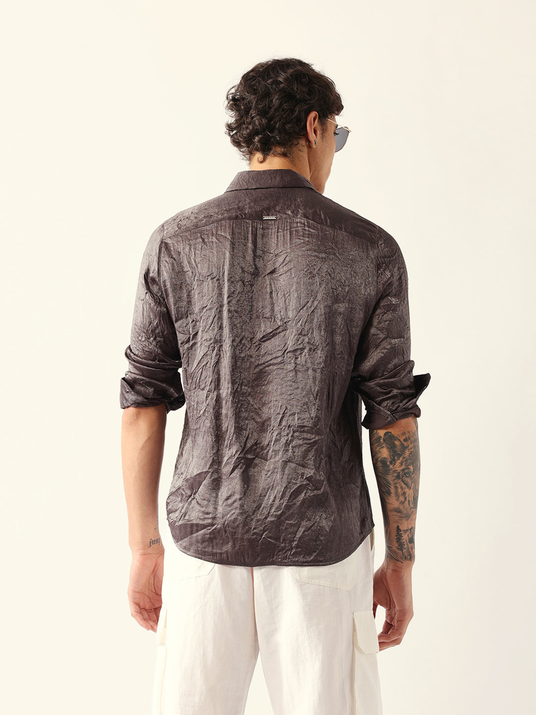 Grey Regular Fit Casual Shirt with Crinkle Effect & Subtle Sheen Finish