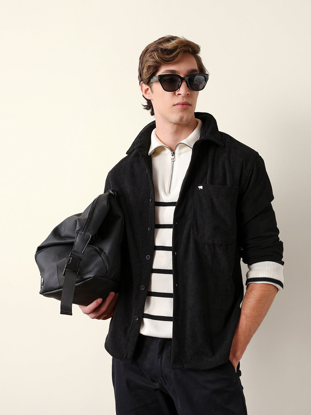 Black Corduroy Relaxed Fit Textured Overshirt
